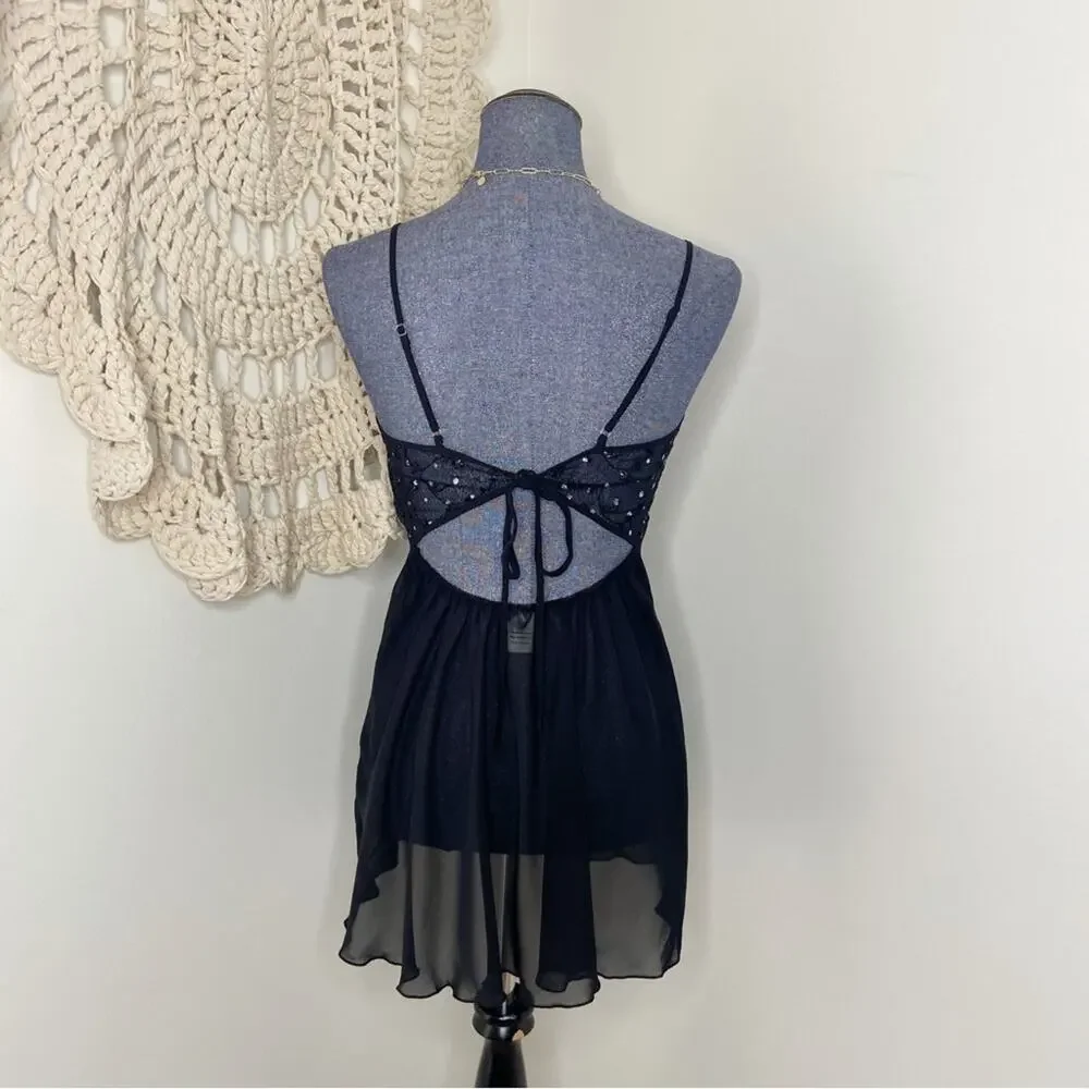Vintage Black Sheer Embroidered Chemise Whimsygoth Size Medium - Picture 3 of 4